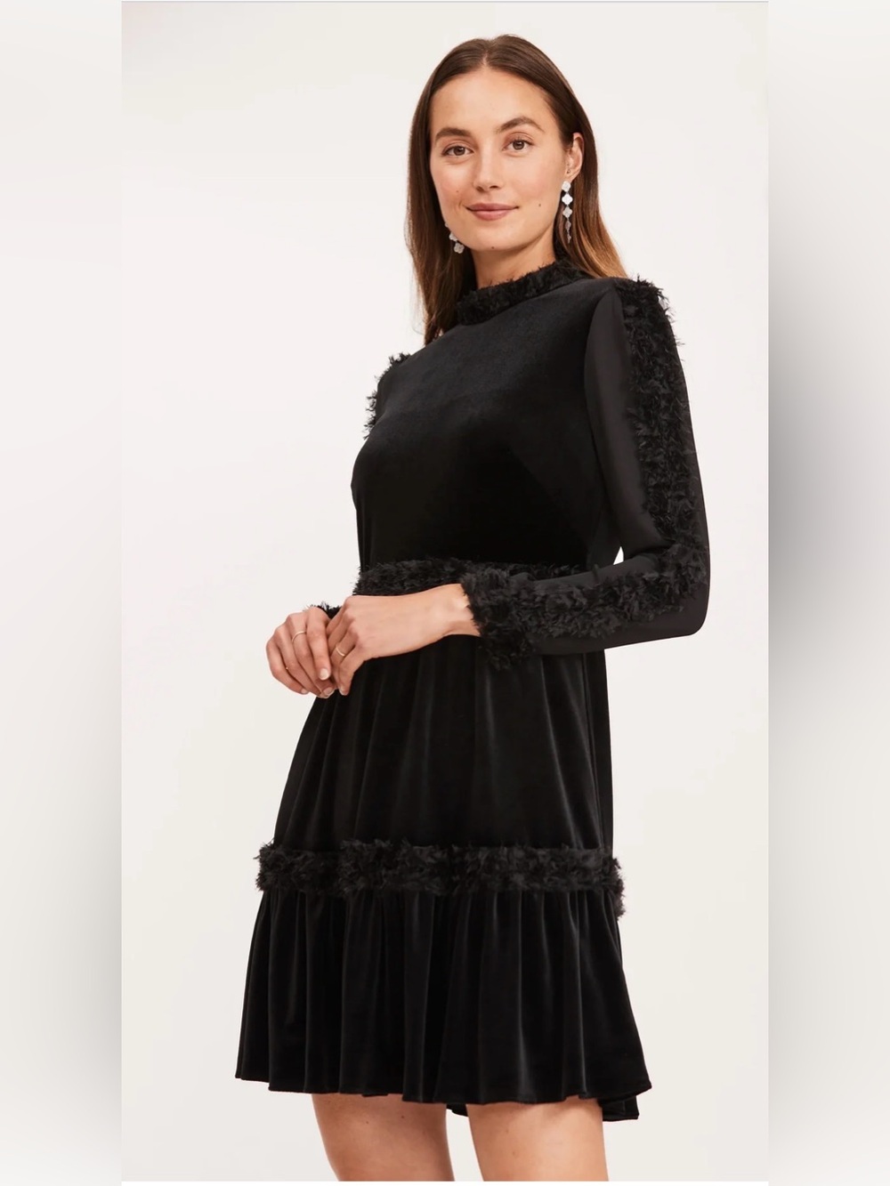 Tyler Boe Black Velvet Long Sleeve with Feather Trim Mini Dress Size 4